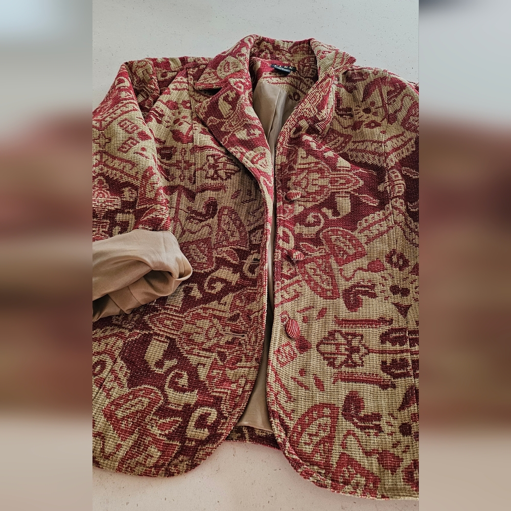ELCC Vintage Crimson and Beige Tapestry Women's Blazer